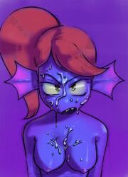cum cum_on_breasts cum_on_face dripping fish genital_fluids hair nipples nude open_mouth purple_background red_hair undertale undyne undyne_(undertale) video_games