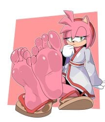 1girl amy_rose bare_legs barefoot big_feet blush burtreex embarrassed feet gloves green_eyes hairband half-closed_eyes legs medium_hair pink_fur pink_hair red_hairband sandals sega sexy_feet sitting sniffable_feet sonic_(series) teenage teenage_girl teenager toes white_gloves yukata
