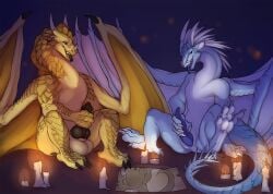 animal_genitalia balls big_balls candle claws dragon duo ear_piercing ear_ring erection european_mythology facial_scar feral finger_claws genital_slit genitals group_masturbation hi_res icewing_(wof) knot knotted_penis long_neck long_tail male male/male masturbation membrane_(anatomy) membranous_wings mythological_creature mythological_scalie mythology night paper penile penile_masturbation penis piercing qibli_(wof) ring_piercing sandwing_(wof) scalie scar snout spread_legs spread_wings spreading tail toe_claws tongue tongue_out western_dragon wings wings_of_fire winter_(wof) zortie