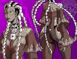 1girls big_ass big_breasts bodypaint braid braided_hair braided_ponytail dark-skinned_female dark_skin dolores_(kof) dress fat_ass glasses king_of_fighters panties round_glasses standing thick_ass toned toned_female two-tone_hair voluptuous_female white_hair