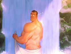 artist_request dilf flirting_with_viewer flirty gay glasses looking_at_viewer looking_back medic_(team_fortress_2) muscular_male naked_towel older_male team_fortress_2 towel_around_waist waterfall waterfall_shower wink yaoi