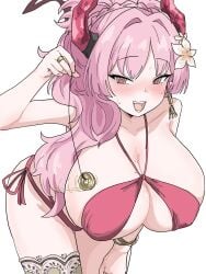 1girls bikini blue_archive blush bracelet braid breasts cleavage crown_braid demon_horns female flower hair_flower hair_ornament hair_over_shoulder halo hand_on_own_thigh holding holding_pendulum horns huge_breasts hypnosis jewelry leaning_forward long_hair mind_control mole mole_on_breast open_mouth pendulum pink_eyes pink_hair red_bikini ring satsuki_(blue_archive) satsuki_(swimsuit)_(blue_archive) side-tie_bikini_bottom solo spiral_eyes sweat swimsuit tachikaze_miyako thigh_gap