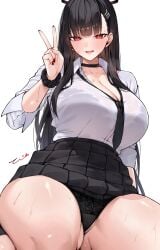1girls :d absurdres black_bra black_choker black_hair black_necktie black_panties black_scrunchie black_skirt blue_archive blush bra bra_visible_through_clothes breasts choker female hair_ornament hairclip halo hand_up highres large_breasts mono_(mo_n_mno) nail_polish necktie open_mouth paid_reward_available panties pleated_skirt red_eyes red_nails rio_(blue_archive) scrunchie shirt shirt_tucked_in simple_background skirt smile solo sweat thighs underwear v white_background white_shirt wrist_scrunchie
