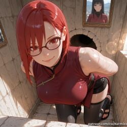 2girls ai_generated arms_behind_back bangs bare_shoulders blush breasts closed_mouth glasses kermixx kneeling large_breasts looking_at_viewer multiple_girls naruto_(series) red_eyes red_hair shorts smile sweat thighhighs uzumaki_karin