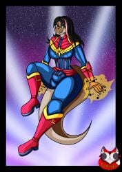 absurd_res anthro big_breasts big_bulge biped bodysuit breasts bulge captain_marvel carol_danvers claws clothed clothing costume detailed_bulge dinosaur dromaeosaurid flight_suit gynomorph gynomorph_anthro hair hi_res highlights_(coloring) huge_bulge intersex intersex_anthro ladyfoxheart latex latex_bodysuit latex_clothing latex_skinsuit levitation lips marvel ms._marvel muticolored_hair phantasma prehistoric_species reptile saurischian scales scalie sharp_teeth skinsuit solo space superhero tail teeth theropod thick_lips thick_thighs tight_clothing velociraptor