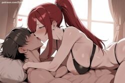 1boy 1girl ai_generated bangs bikini black_bikini black_bra blush bra breasts closed_eyes curtains erza_scarlet fairy_tail french_kiss girl_on_top heart hetero hi_res high_quality high_resolution indoors kiss large_breasts long_hair lying nipples on_back patreon pillow ponytail red_hair saliva seductive sexy sidelocks sweat swimsuit tongue uncensored underwear watermark window zara_(azur_lane)