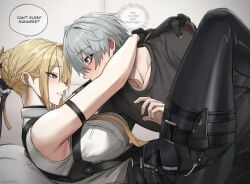 1boy 1girl 2d bedroom_eyes blonde_hair cluhob earrings evelyn_chevalier female green_eyes hetero male purple_eyes wise_(zenless_zone_zero) zenless_zone_zero