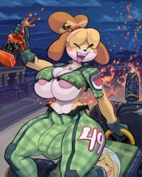 alcohol_bottle alternate_version_available animal_crossing anthro areola areola_slip beverage beverage_bottle big_breasts biped bottle breasts bulge bulge_through_clothing camel_toe canid canine canis clothed clothing cloud container digital_media_(artwork) domestic_dog futa_only futanari hair intersex isabelle_(animal_crossing) mammal mario_bros mario_kart nintendo nintendo_switch open_mouth outside race_car race_car_driver racing racing_suit shih_tzu short_hair skimpy sky snao soda solo solo_focus third-party_edit torn_clothing toy_dog uncensored