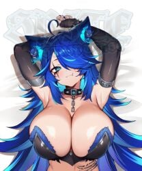 1girl 1girls animal_ears armpits big_breasts black_bra blue_eyes blue_hair bra breasts cleavage closed_mouth collar commentary english_commentary face_piercing female fiery_ears hair_over_one_eye huge_breasts indie_virtual_youtuber kaptivate large_breasts lip_piercing long_hair looking_at_viewer lying makeup massive_breasts multicolored_hair on_back piercing runny_makeup scar scar_across_eye scar_on_face solo spiked_collar spikes spite_(vtuber) strapless strapless_bra tits underwear virtual_youtuber voluptuous vtuber wolf_ears wolf_girl