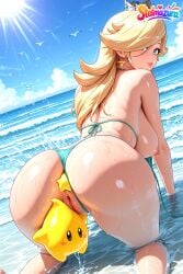 1girl ai_assisted ai_generated all_fours anal anal_object_insertion anus ass beach bikini bikini_bottom_aside bird blonde_hair blue_eyes blush breasts clothing_aside cloud crown day earrings from_behind hair_over_one_eye jewelry large_breasts long_hair looking_at_viewer looking_back mario_(series) nintendo nipples object_insertion ocean outdoors patreon princess_rosalina princess_rosalina_(movie) pussy rosalina sky smile solo star_(symbol) star_earrings stelmazura swimsuit uncensored water wet
