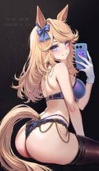 1girl agurami ass_focus back black_thighhighs blonde_hair blue_bow blue_bra blue_eyes blue_panties blush closed_mouth from_behind gold_chain gold_city_(umamusume) holding_phone horse_ears horse_girl horse_tail huge_ass large_breasts long_hair looking_at_viewer median_furrow sitting smile solo thick_thighs umamusume umamusume_pretty_derby underwear_only white_gloves
