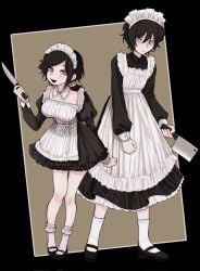 1boy 1girl andrew_graves apron artist_request ashley_graves black_footwear black_hair breasts cleaver detached_collar green_eyes highres holding holding_cleaver holding_knife knife looking_at_another maid maid_apron maid_headdress medium_breasts pink_eyes safe safe_for_work sfw siblings socks the_coffin_of_andy_and_leyley trap white_socks