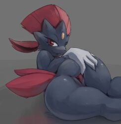 1girls anthro anus ass claws fangs female fur furry furry_only half-closed_eyes large_ass looking_at_viewer looking_back lying mammal nintendo on_side pokémon_(species) pokemon presenting presenting_pussy pussy red_eyes seductive solo somnamg spread_pussy spreading tail thick_thighs video_games weavile wide_hips