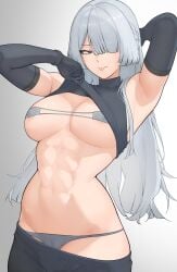1girls abs ak-15_(girls'_frontline) areola_slip areolae armpits big_breasts bikini bikini_bottom bikini_top breasts breasts_out cameltoe clothing covered_nipples detached_sleeves feet_out_of_frame female female_only girls'_frontline girls'_frontline_2:_exilium gloves godon146 grey_hair large_breasts lifted_by_self long_hair looking_at_viewer muscular muscular_female navel nipples one_eye_obstructed pants pants_down purple_eyes shirt shirt_lift tongue tongue_out voymastina_(girls'_frontline_2)
