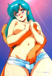 1boy 1girl ai_assisted ai_generated aqua_hair curvy_body detailed_face femboy hug hugging_from_behind looking_back narrow_waist nervous_expression nervous_smile official_art penis_bulge purple_eyes retro_artstyle source_anime standing tight_shorts topless view_from_below wide_hips