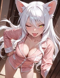 ai_generated animal_ears arm_on_hip bakemonogatari black_hanekawa blush bottomless cat_ears cat_girl catgirl cleavage fang large_breasts long_hair milfhunter228 monogatari_(series) naughty_face one_eye_closed open_door pajama_shirt pajamas shiny_skin slit_pupils solo_female standing tongue tongue_out white_hair yellow_eyes