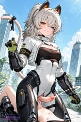 1girl ai_assisted ai_generated armband black_choker black_gloves black_tube_top blue_eyes blue_sky cat_ears cat_tail cleavage contrapposto cowboy_shot cowgirl_position cropped_jacket cum dutch_angle full_body futanari green_gloves grey_hair hair_between_eyes heterochromia high_ponytail leg_armor little_penis long_hair looking_at_viewer mechanical_ears mother_and_daughter orange_eyes outdoors overgrown partially_unzipped paw_shoes pose projectile_cum sex size_difference skyscraper small_penis smile tail_bow vambraces white_jacket white_pants