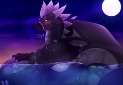 2018 anus bathing claws detailed_background dragoa dragon female feral grey_scales horn looking_at_viewer lying moon_light night pussy rock scales scalie solo water wings zyythedragon