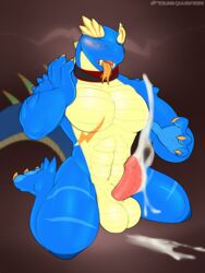 anthro balls blush closed_eyes collar cum cum_on_ground cumshot dragon ejaculation erection hands-free kneeling male male_only muscular muscular_male open_mouth orgasm solo tankh tongue tongue_out