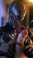 1boy 3d artist_name atsuko_(artist) breasts cum cum_in_mouth cum_on_breasts cum_on_face cumshot female large_penis long_tongue male marvel marvel_comics muscles muscular penis saliva sharp_claws sharp_teeth she-venom spider-man_(series) symbiote tongue tonguejob venom venom_(marvel)