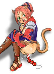 animal_ears beads ben_wa_balls bottomless cat_ears cat_tail final_fantasy final_fantasy_xi green_eyes insertion mithra pink_hair tagme tail