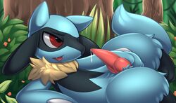 2018 animal_genitalia animal_penis bedroom_eyes blue_fur canine_penis detailed_background erection forest fur half-closed_eyes hand_on_penis knot lying male mammal masturbation neck_tuft nintendo nude on_side outside penile_masturbation penis pokémon_(species) pokemon precum red_eyes revous riolu seductive semi-anthro solo tongue tongue_out tree tuft video_games