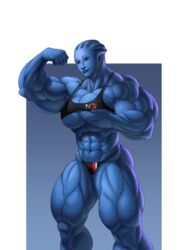 abs alien_girl asari bare_shoulders biceps blue_eyes blue_skin breasts cleavage extreme_muscles faogwolf female flexing freckles large_breasts liara_t'soni mass_effect muscles muscular muscular_female navel pose smile solo thick_thighs thong underboob