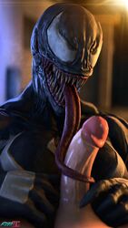 1boy 3d artist_name atsuko_(artist) big_penis breasts female long_tongue male marvel marvel_comics muscles muscular penis saliva sharp_claws sharp_teeth she-venom spider-man_(series) symbiote tongue tonguejob venom venom_(marvel)