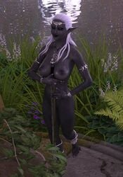 1girls 3d areolae big_areola big_breasts big_nipples closed_eyes curvy dark_elf drow dungeons_and_dragons eilistraee elf elf_female feet female_only forgotten_realms goddess jewelry nipples nude purple_skin sword thighs toes