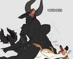 2018 anthro big_breasts bird_wyvern black_diablos black_scales breasts capcom claws cowgirl_position death_by_snoo_snoo diablos_(mh) dragon duo english_text feathers female fucked_silly hi_res horn kulu_ya_ku larger_female male methados monster_hunter monster_hunter_world muscular muscular_female nipples non-mammal_breasts nude on_top open_mouth penetration scales scalie sex simple_background size_difference smaller_male sound_effects spikes sweat text tongue tongue_out vaginal_penetration video_games white_background wings wyvern