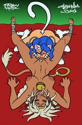 2013 aisha_clanclan all_fours animal_humanoid ankle_wraps bed bell bell_collar blue_hair breasts brown_skin capcom clitoral_hood closed_eyes collar crossover crown ctarl-ctarl cunnilingus dark-skinned_female dark_skin darkstalkers domestic_cat duo erect_nipples facial_markings felicia_(darkstalkers) felid felid_humanoid feline felis female female/female grabbing_sheets green_background hair hand_on_thigh head_markings hi_res humanoid humanoid_on_humanoid humanoid_pointy_ears interracial invalid_tag licking looking_pleasured lying mammal mammal_humanoid markings navel nipples nude on_back one_eye_closed oral outlaw_star pubes pubic_hair pussy sex simple_background small_breasts spread_legs spreading tail_tuft tanned_skin teeth thebigmansini tiara tongue tongue_out tuft uncensored vaginal_penetration video_games white_hair wink yuri