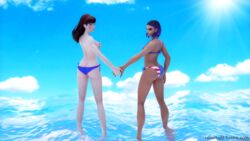 3d asian bikini blender blizzard_entertainment breasts d.va duo female female_only latina outdoors overwatch roverhotz sombra swimsuit tagme tulum_sombra video_games water whisker_markings