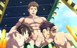 3boys abs bandage big_penis brown_hair censored cum cum_on_body erection fellatio idol_master licking licking_lips mosaic_censoring multiple_boys muscle nipples oral pecs penis public smile stage testicles tongue tongue_out topless undressing vudanshy yaoi