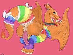 2018 anthro anus ass big_butt bow_tie charizard claws clothing collar cum dragonsaviour fire furry girly horn legwear male male_focus male_only nintendo no_humans penis pokémon_(species) pokemon pokemon_(species) rainbow slit solo stockings super_gay video_games wings