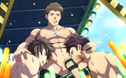 3boys abs bandage big_penis brown_hair censored erection fellatio gloves idol_master licking licking_lips mosaic_censoring multiple_boys muscle nipples oral pecs penis public smile stage testicles tongue tongue_out topless undressing vudanshy yaoi