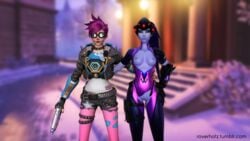 2girls 3d alternate_costume blue_skin breasts female female_only overwatch punk_tracer pussy roverhotz tagme torn_clothes tracer volskaya_industries_(map) widowmaker