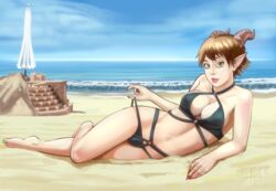 arm_support beach bikini black_swimsuit breasts brown_hair claws cleavage criss-cross_halter day demon_girl female female_only full_body green_eyes highres horns laying_down looking_at_viewer medium_breasts on_side original outdoors red_nails rptrz sand sand_castle short_hair swimsuit swimsuit_pull