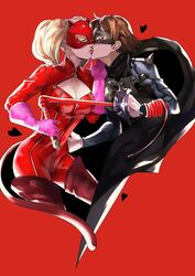 2girls ann_takamaki artist_request black_bodysuit blonde_hair bodysuit breasts brown_hair cleavage cleavage_cutout clothing couple domino_mask female female_only gloves grey_bodysuit hand_up heart highres holding holding_weapon holding_whip human human_only kissing large_breasts long_hair makoto_niijima mask multiple_females multiple_girls pale_skin persona persona_5 phantom_thief_suit pink_gloves red_background red_bodysuit romantic short_hair simple_background surprised twintails weapon whip yuri