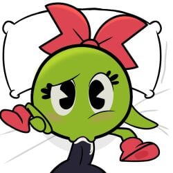 anthro bandai_namco boots leg_up mark_(pac-man_oc) miru_(pac-man) on_bed pac-man:_snack_breaks pac-man_(series) pov pov_eye_contact