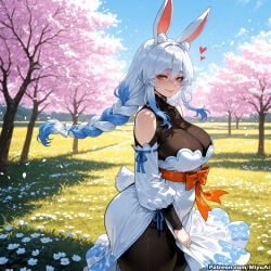 1girl ai_assisted ai_generated animal_ear_fluff animal_ears bangs bare_shoulders black_legwear blue_sky blush braid breasts cherry_blossoms cleavage closed_mouth cloud curvaceous curvy curvy_female curvy_figure day detached_sleeves dress eyebrows_visible_through_hair female field flower grass hair_between_eyes hololive large_breasts leaning_forward lips long_hair long_sleeves looking_at_viewer mature_female milf miyuai multicolored_hair outdoors pantyhose pekomama petals sash sky smile solo spring_(season) standing tail thick thick_ass thick_butt thick_hips thick_legs thick_thighs tree twin_braids voluptuous voluptuous_female watermark white_hair wide_hips wide_thighs