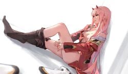1girls absurd_res black_pantyhose black_thighhighs bodysuit boots breasts clothes_pull coat collared_shirt darling_in_the_franxx dress_shirt dutch_angle erikvarts eyeliner female from_side green_eyes hairband highres horns long_hair long_sleeves looking_away makeup no_shoes off_shoulder open_coat pantyhose pantyhose_pull parted_lips pink_hair red_bodysuit red_coat red_horns shirt sideways_mouth signature simple_background sitting small_breasts solo solo_focus thighs white_background white_boots white_hairband white_shirt zero_two_(darling_in_the_franxx)