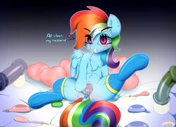 2018 absurd_res animal_genitalia animal_penis blush condom dialogue disembodied_penis english_text equine equine_penis female filled_condom friendship_is_magic group hi_res horsecock looking_at_viewer male mammal my_little_pony n0nnny pegasus penis pussy rainbow_dash_(mlp) solo_focus spread_legs spreading straight_hair text wings