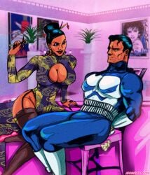 1boy 1girls adoggoart asian asian_female beauty_mark big_breasts black_hair bondage breasts captured captured_hero chair cleavage female femdom garter_straps lady_deathstrike large_breasts male malesub marvel punisher_(francis_castle) rope sweat x-men