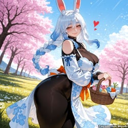 1girl ai_assisted ai_generated animal_ear_fluff animal_ears bangs bare_shoulders basket black_legwear black_leotard blue_sky blush braid branch breasts cherry_blossoms cleavage cloud curvaceous curvy curvy_female curvy_figure day detached_sleeves dress female food fruit hair_between_eyes heart highleg hololive large_breasts leotard long_hair looking_at_viewer mature_female milf miyuai outdoors pantyhose pekomama petals red_eyes side_slit sky smile solo spring_(season) thick thick_ass thick_butt thick_hips thick_legs thick_thighs thighs tree tree_branch twin_braids voluptuous voluptuous_female watermark white_hair wide_hips wide_thighs