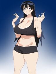arato_nagi bawlboxer big_boobs big_breasts big_tits black_hair boobs breasts cleavage gray_eyes grey_eyes hands_up large_boobs large_breasts large_tits long_hair looking_at_viewer midriff midriff_baring_shirt nipple_bulge nipples nipples_visible_through_clothing ruri_no_houseki short_shorts sports_bra sports_shorts sportswear sweat sweatdrop sweating sweaty sweaty_body thick_thighs thighs tits titties wide_hips
