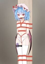 1girl absurdres ai_lei_tv alternate_costume arms_behind_back ball_gag bdsm blue_hair bondage bound bound_legs bow bra breasts chinese_commentary commentary_request gag gagged garter_belt hat hat_bow highres medium_hair navel panties pink_hat red_bow red_eyes remilia_scarlet restrained rope sex_toy shibari small_breasts solo stomach thigh_strap thighhighs tied_to_stake touhou underwear underwear_only variant_set white_bra white_panties white_thighhighs wiffle_gag