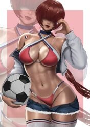 1girls big_breasts bikini denim king_of_fighters kttymya long_hair ponytail red_hair shermie_(kof) tan_lines thick_thighs toned voluptuous