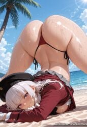 1girl ai_generated ass bangs beach beret bikini blue_sky blunt_bangs blush breasts classroom_of_the_elite closed_mouth cloud day gloves hat jack-o_challenge jacket kermixx large_breasts long_hair long_sleeves looking_at_viewer ocean outdoors palm_tree panties purple_eyes red_jacket sakayanagi_arisu sand side-tie_panties skirt sky smile solo spread_legs sun thighs thong thong_bikini top-down_bottom-up tree underwear wet white_gloves white_hair
