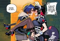 2girls ai_generated belle_(zenless_zone_zero) black_hair blue_hair blush breasts ellen_joe english_text maid maid_headdress multicolored_hair multiple_girls pantyhose saliva saliva_trail sharp_teeth short_hair teeth tillian tongue tongue_out virtual_youtuber yuri zenless_zone_zero