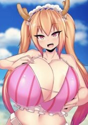 anime artist_request beach beach_background big_breasts bikini bikini_bottom bikini_top breasts demon_horns dragon_maid hands_on_breasts horns huge_breasts long_hair maid maid_headdress massive_breasts miss_kobayashi's_dragon_maid multicolored_eyes multicolored_hair not_ai_generated open_mouth pink_clothing seductive seductive_look seductive_smile smile smiling_at_viewer tohru_(dragon_maid) tohru_(maidragon) twintails